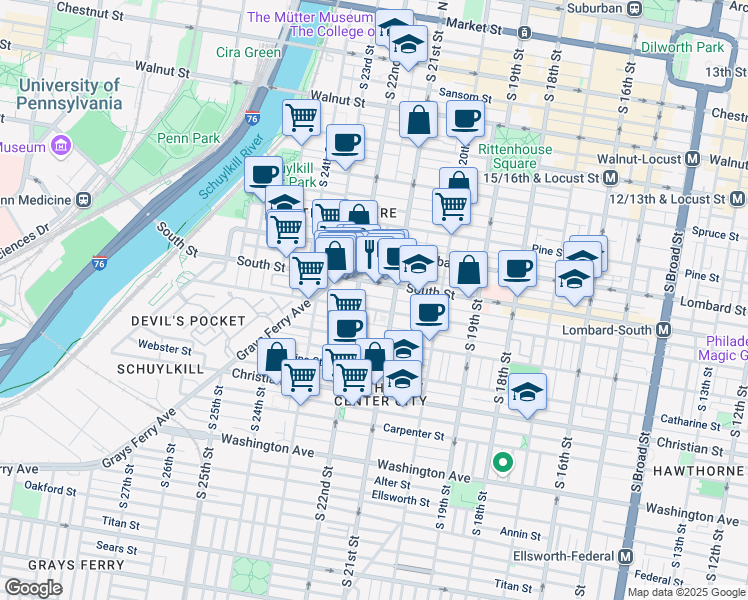 map of restaurants, bars, coffee shops, grocery stores, and more near 2126 Kater Street in Philadelphia