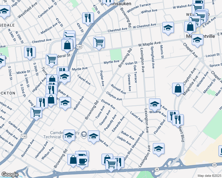 map of restaurants, bars, coffee shops, grocery stores, and more near 4817 Caroline Avenue in Pennsauken