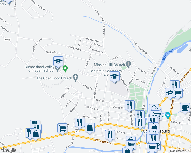 map of restaurants, bars, coffee shops, grocery stores, and more near 401 Heintzelman Avenue in Chambersburg