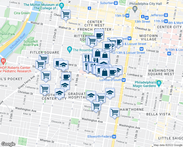 map of restaurants, bars, coffee shops, grocery stores, and more near 1722 Rodman Street in Philadelphia