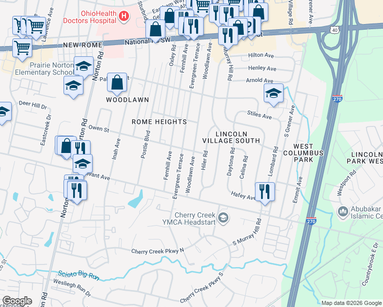 map of restaurants, bars, coffee shops, grocery stores, and more near 355 Woodlawn Avenue in Columbus
