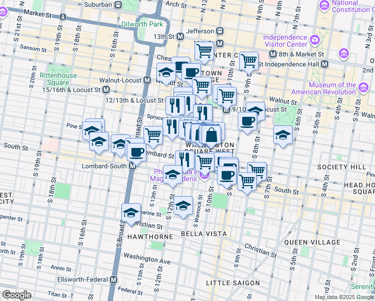 map of restaurants, bars, coffee shops, grocery stores, and more near 412 South Quince Street in Philadelphia