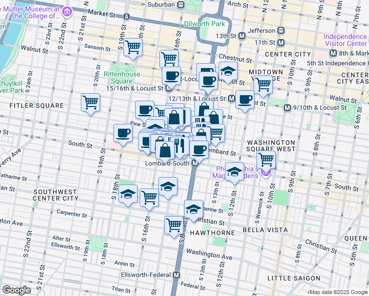 map of restaurants, bars, coffee shops, grocery stores, and more near 1426 Lombard Street in Philadelphia