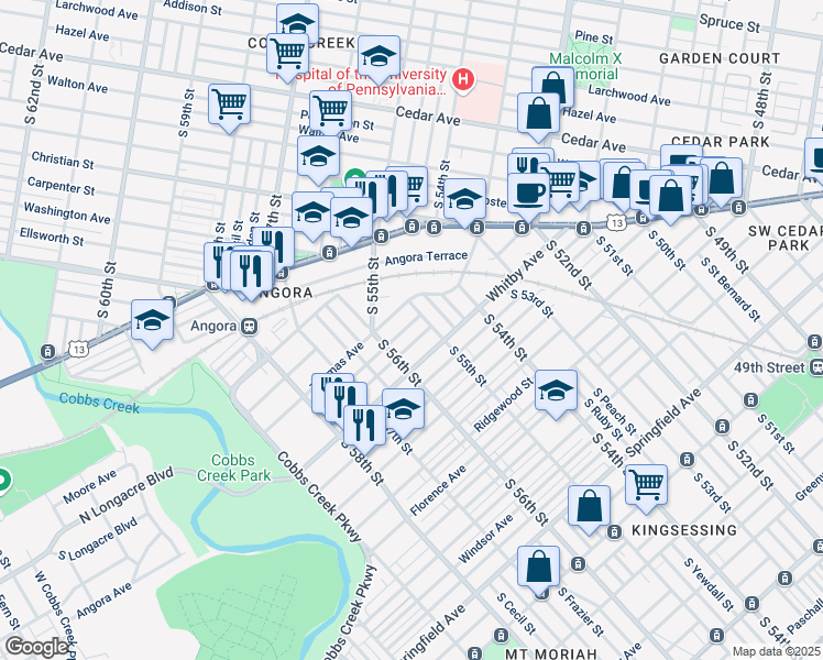 map of restaurants, bars, coffee shops, grocery stores, and more near 5524 Elliott Street in Philadelphia