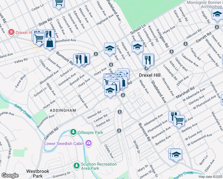 map of restaurants, bars, coffee shops, grocery stores, and more near 3708 Berry Avenue in Drexel Hill