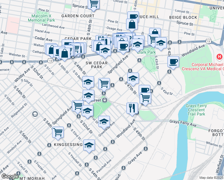 map of restaurants, bars, coffee shops, grocery stores, and more near 4802 Chester Avenue in Philadelphia