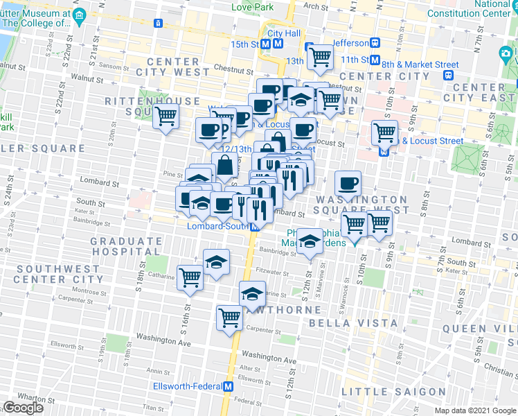 map of restaurants, bars, coffee shops, grocery stores, and more near S Broad St & Lombard St in Philadelphia