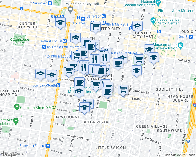 map of restaurants, bars, coffee shops, grocery stores, and more near 1021 Pine Street in Philadelphia