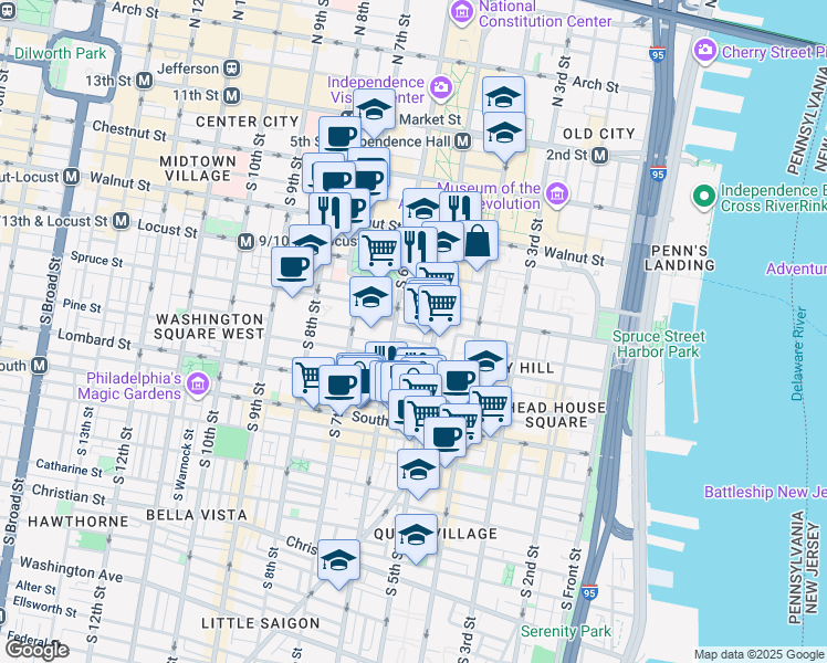map of restaurants, bars, coffee shops, grocery stores, and more near 522 Cypress Street in Philadelphia