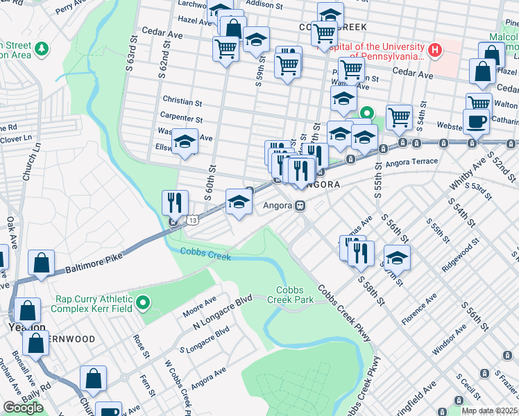 map of restaurants, bars, coffee shops, grocery stores, and more near 5850 Cedarhurst Street in Philadelphia