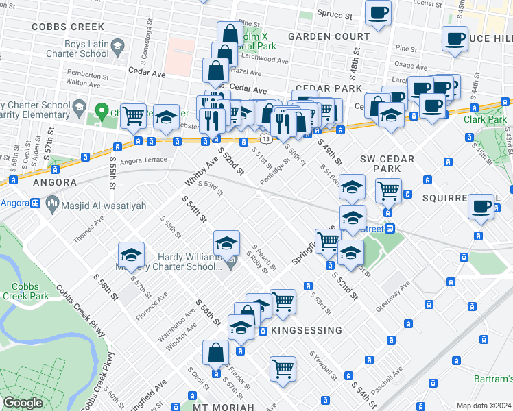 map of restaurants, bars, coffee shops, grocery stores, and more near 5217 Florence Avenue in Philadelphia