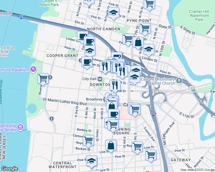 map of restaurants, bars, coffee shops, grocery stores, and more near 520 Market Street in Camden