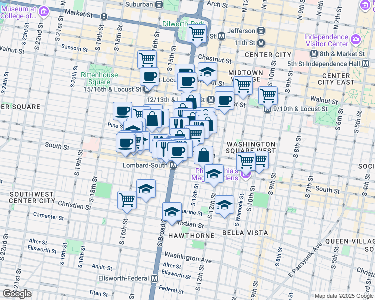 map of restaurants, bars, coffee shops, grocery stores, and more near 1329 Lombard Street in Philadelphia