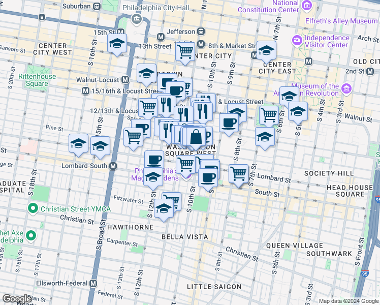 map of restaurants, bars, coffee shops, grocery stores, and more near 1018 Pine Street in Philadelphia