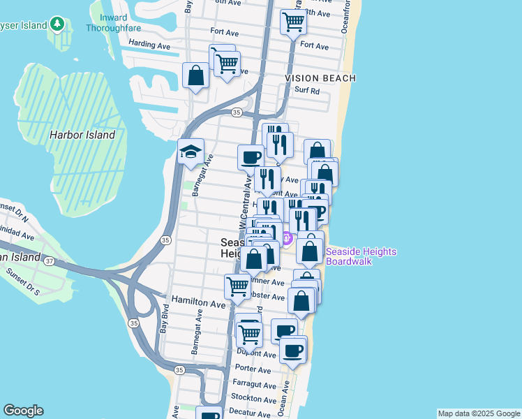 map of restaurants, bars, coffee shops, grocery stores, and more near 132 Hancock Avenue in Seaside Heights