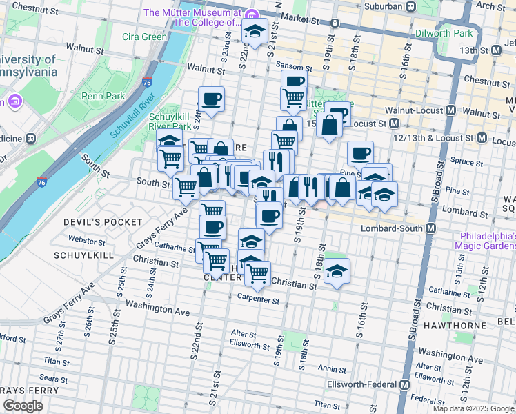 map of restaurants, bars, coffee shops, grocery stores, and more near 2035 Kater Street in Philadelphia
