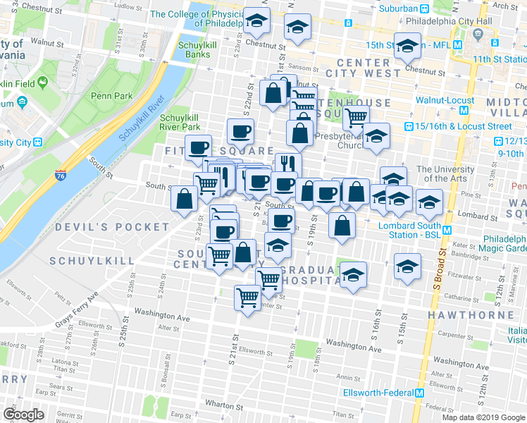 map of restaurants, bars, coffee shops, grocery stores, and more near 2051 Kater Street in Philadelphia