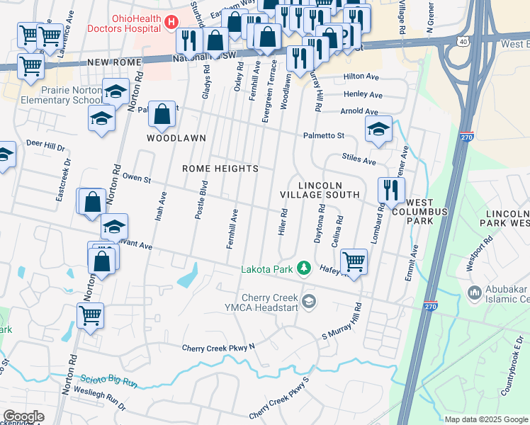 map of restaurants, bars, coffee shops, grocery stores, and more near 355 Woodlawn Avenue in Columbus