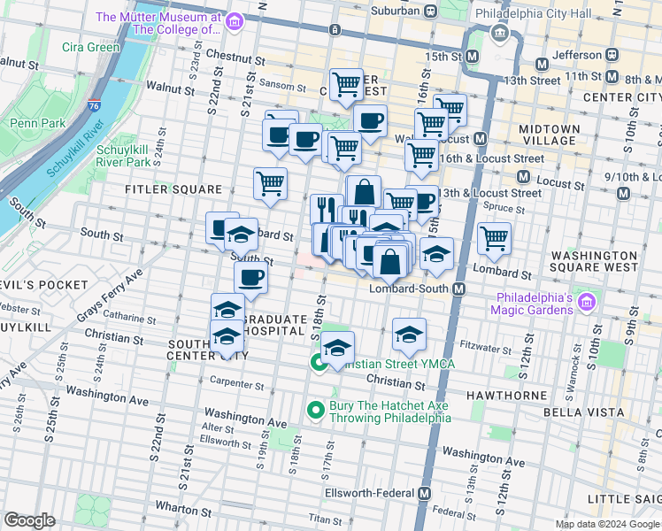 map of restaurants, bars, coffee shops, grocery stores, and more near 1742 Rodman Street in Philadelphia