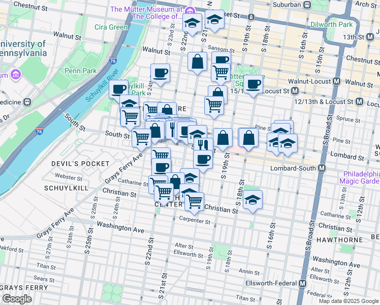 map of restaurants, bars, coffee shops, grocery stores, and more near 2112 South Street in Philadelphia