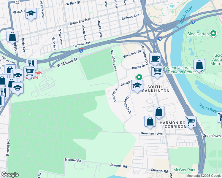 map of restaurants, bars, coffee shops, grocery stores, and more near 713 Canonby Place in Columbus