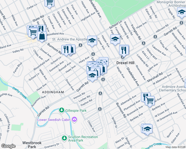 map of restaurants, bars, coffee shops, grocery stores, and more near 3708 Berry Avenue in Drexel Hill