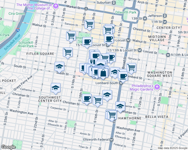 map of restaurants, bars, coffee shops, grocery stores, and more near 1632 Lombard Street in Philadelphia