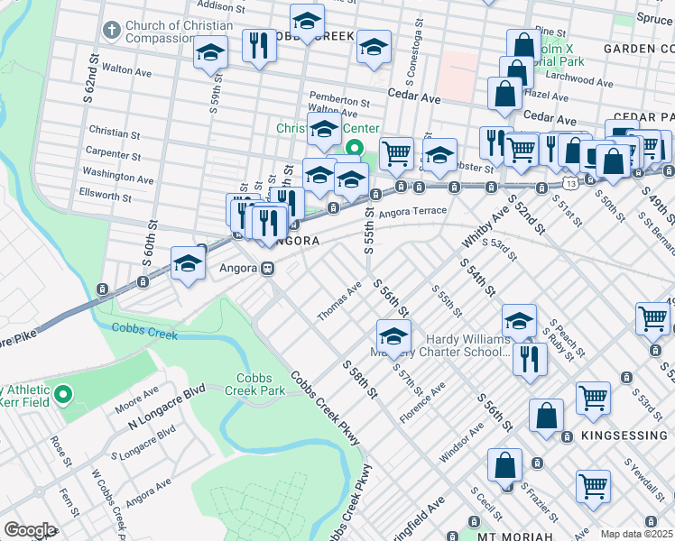 map of restaurants, bars, coffee shops, grocery stores, and more near 1027 South Frazier Street in Philadelphia