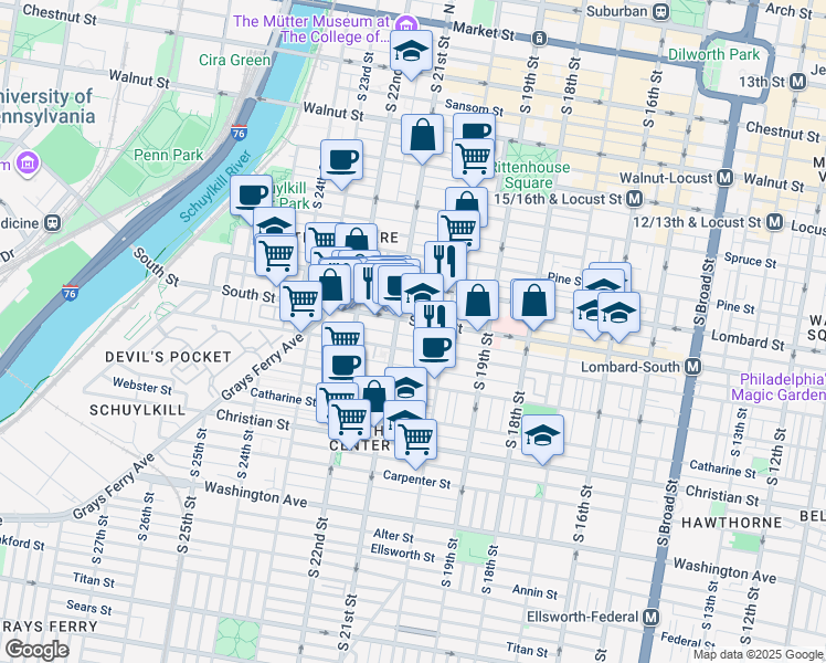 map of restaurants, bars, coffee shops, grocery stores, and more near 2041 Kater Street in Philadelphia