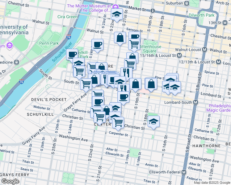 map of restaurants, bars, coffee shops, grocery stores, and more near 2051 Kater Street in Philadelphia