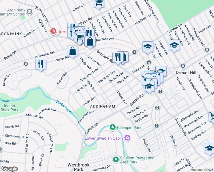 map of restaurants, bars, coffee shops, grocery stores, and more near 4118 Bonsall Ave in Drexel Hill