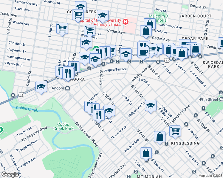 map of restaurants, bars, coffee shops, grocery stores, and more near 5524 Elliott Street in Philadelphia