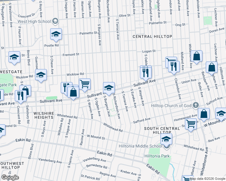 map of restaurants, bars, coffee shops, grocery stores, and more near Sullivant Avenue & South Richardson Avenue in Columbus