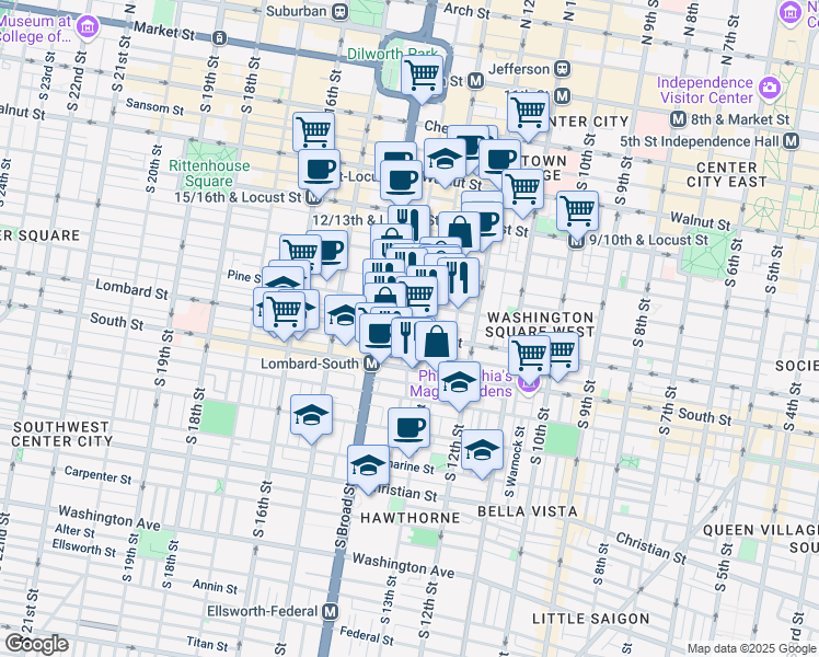 map of restaurants, bars, coffee shops, grocery stores, and more near 417 South Juniper Street in Philadelphia