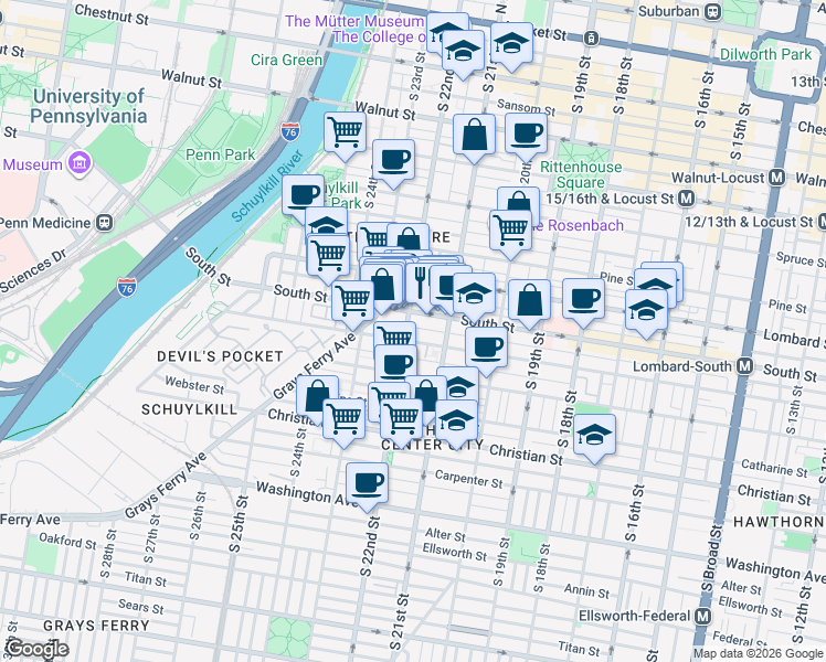 map of restaurants, bars, coffee shops, grocery stores, and more near 2146 South Street in Philadelphia