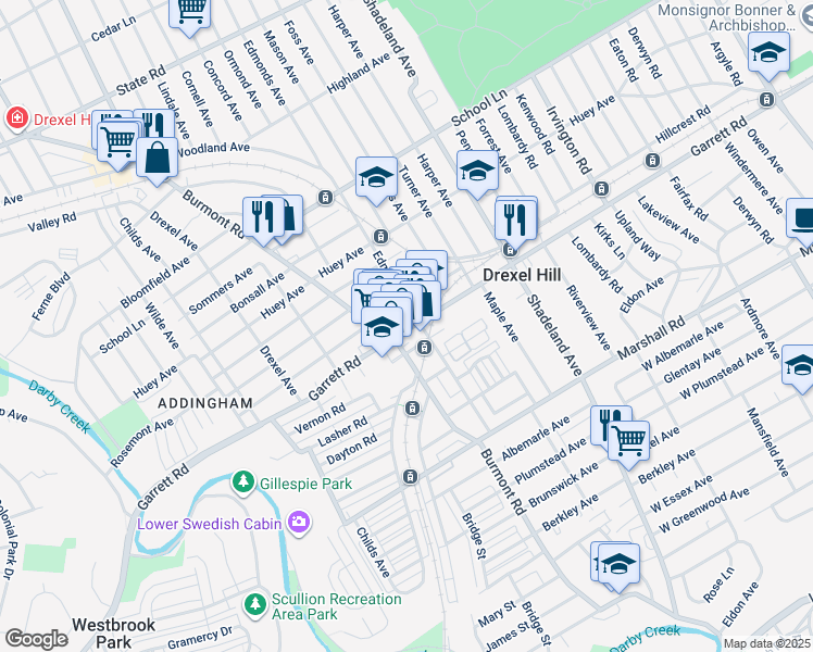 map of restaurants, bars, coffee shops, grocery stores, and more near 3709 Garrett Rd in Drexel Hill