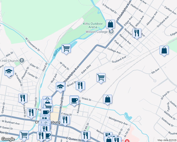 map of restaurants, bars, coffee shops, grocery stores, and more near 723 Broad Street in Chambersburg
