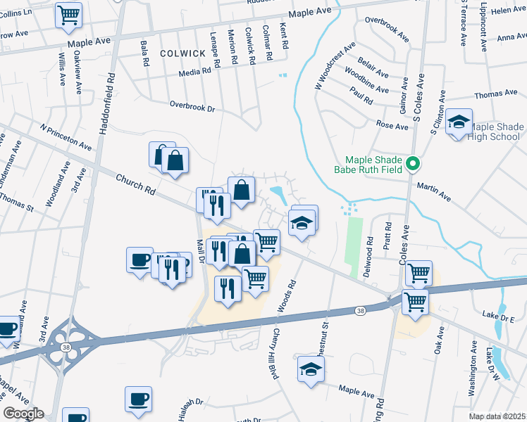 map of restaurants, bars, coffee shops, grocery stores, and more near 1 Burroughs Mill Circle in Cherry Hill