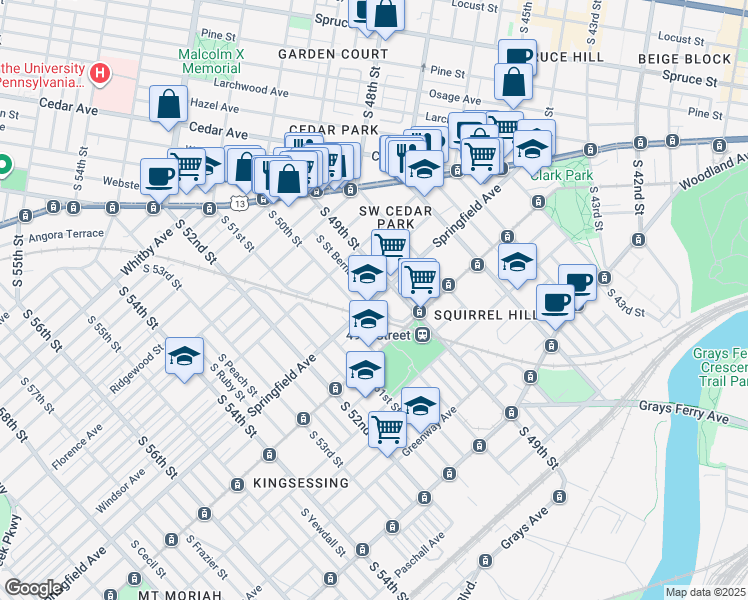 map of restaurants, bars, coffee shops, grocery stores, and more near Springfield Ave & S St Bernard St in Philadelphia