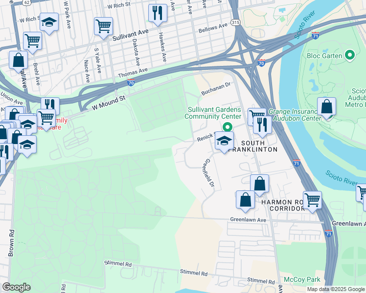 map of restaurants, bars, coffee shops, grocery stores, and more near 713 Canonby Place in Columbus