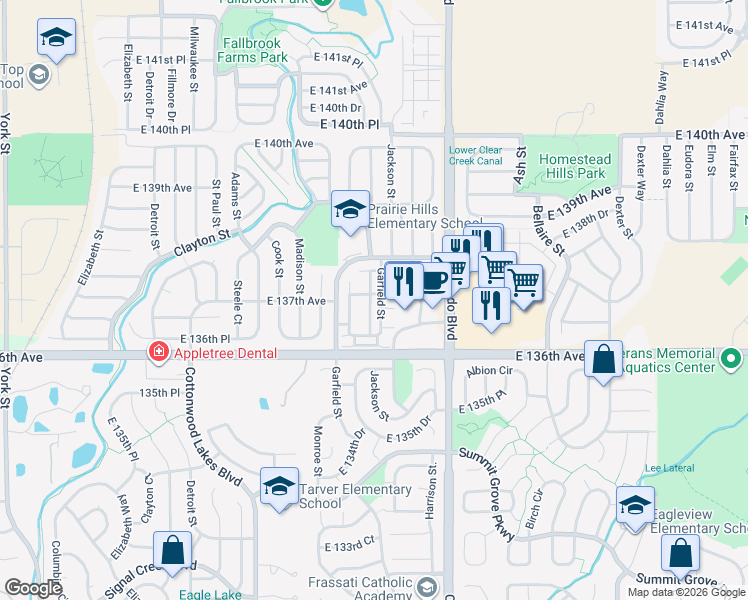 map of restaurants, bars, coffee shops, grocery stores, and more near 13648 Garfield Street in Thornton