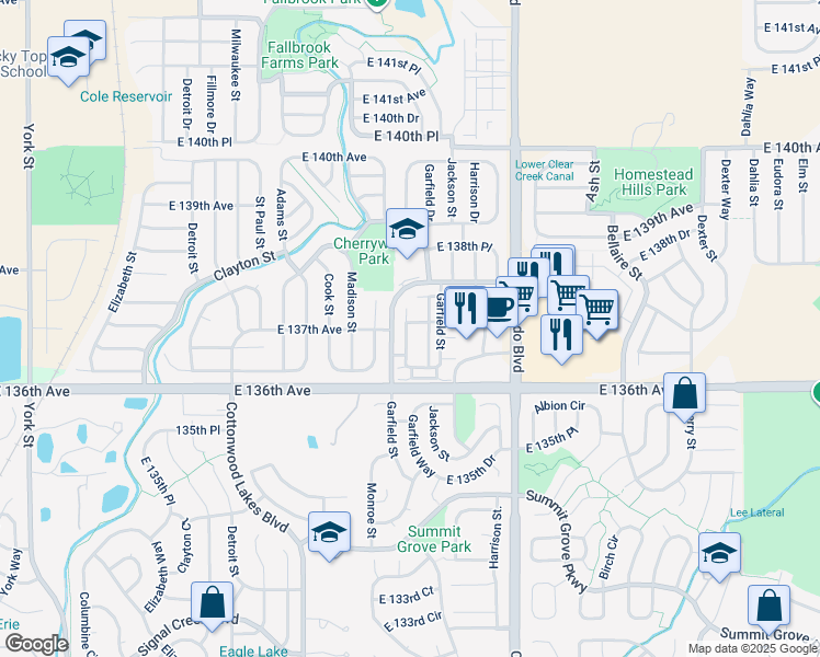 map of restaurants, bars, coffee shops, grocery stores, and more near 13640 Garfield Street in Thornton