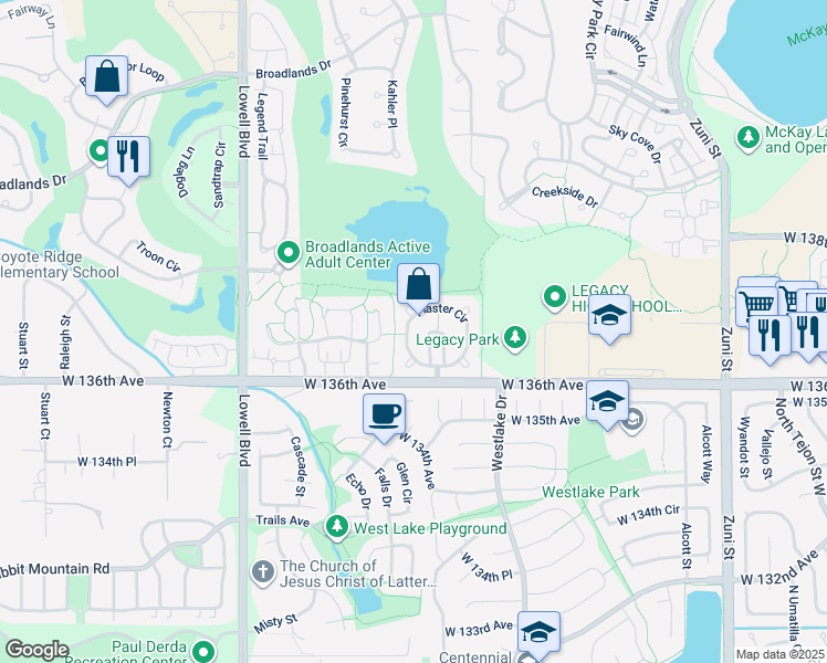 map of restaurants, bars, coffee shops, grocery stores, and more near 13678 Plaster Circle in Broomfield