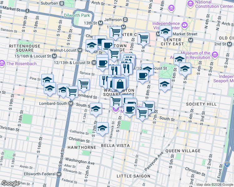 map of restaurants, bars, coffee shops, grocery stores, and more near in Philadelphia