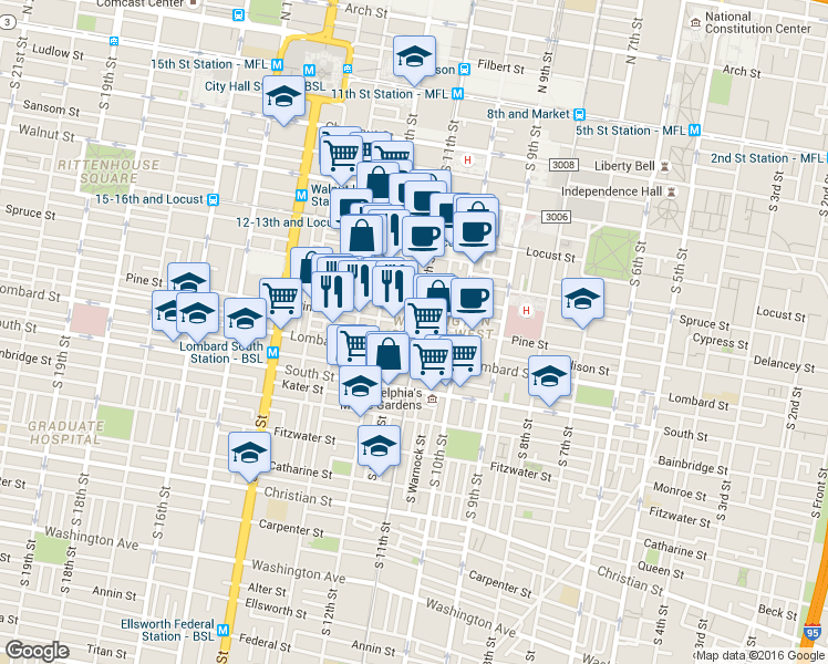 map of restaurants, bars, coffee shops, grocery stores, and more near in Philadelphia