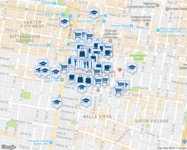 map of restaurants, bars, coffee shops, grocery stores, and more near in Philadelphia