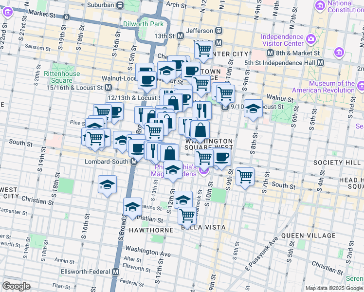 map of restaurants, bars, coffee shops, grocery stores, and more near 1214 Pine Street in Philadelphia