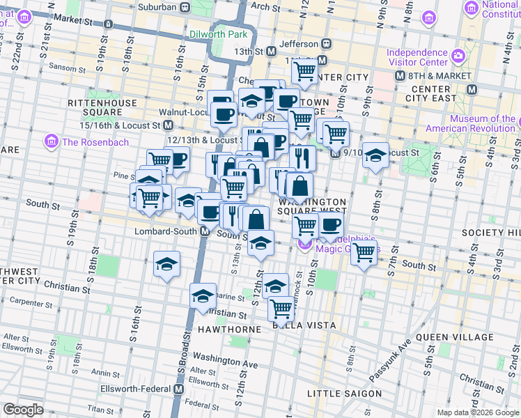 map of restaurants, bars, coffee shops, grocery stores, and more near 1214 Pine Street in Philadelphia