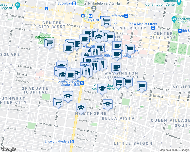 map of restaurants, bars, coffee shops, grocery stores, and more near 1310 Waverly Street in Philadelphia