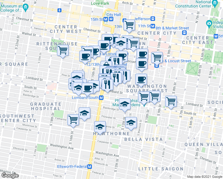 map of restaurants, bars, coffee shops, grocery stores, and more near 1310 Waverly Street in Philadelphia